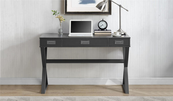 English Elm Crossmark Campaign Style Writing Desk with Three Drawers and Powder Coated Metal Legs B2733P445251