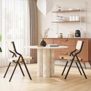 English Elm Wood Foldable Dining Chair Set of 2 with Woven Rattan Seat, Teak Finish, Comfortable Padded Design Black,Natural T3623P380477