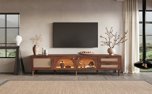 English Elm 86 Inch Rattan Media Console with Led Lighting Two Drawers Modern Living Room Tv Stand N710P438977P