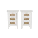 English Elm Wooden Nightstands Set Of 2 With Rattan-Woven Surfaces and Three Drawers, Exquisite Elegance With Natural Storage Solutions For Bedroom, White