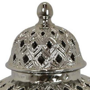 English Elm Deni Silver Porcelain Temple Jar with Pierced Lattice Lid for Mantel or Shelf Display B056P416854