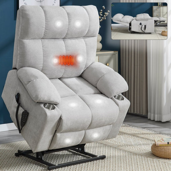 English Elm Dual Motor Power Lift Recliner with Massage Heat and Leatherair Upholstery for Living Room Beige W3224P295282