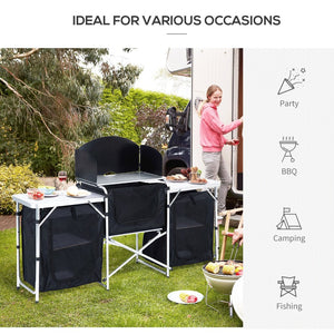 English Elm Outsunny Aluminum Portable Camping Kitchen Table With Windscreen & 3 Storage Cupboards For Outdoor Fun W2225P200713-GIGA
