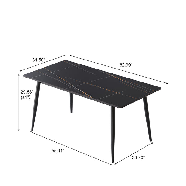 English Elm 62.99" Modern Artificial Stone Dining Table With Black Metal Legs – Seats 6, Contemporary Design W1535S00495