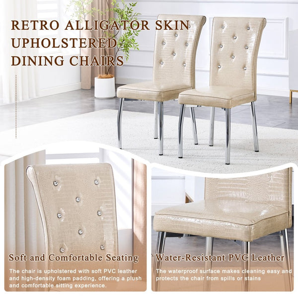 English Elm A Set of 2 Crystal Button Faux Leather Dining Chairs with Embossed Croc Texture Beige W3226P340250