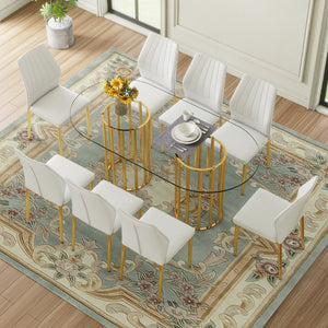 English Elm Table and Chair Set Oval Glass Top Gold Base with 8 Shell Pu Dining Chairs W1151S04729