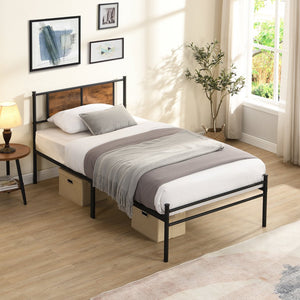 English Elm Twin Metal Bedframe with Wood-Accented Headboard, Black/Brown, Sturdy Steel, 10.8" Storage Space W2297P281490