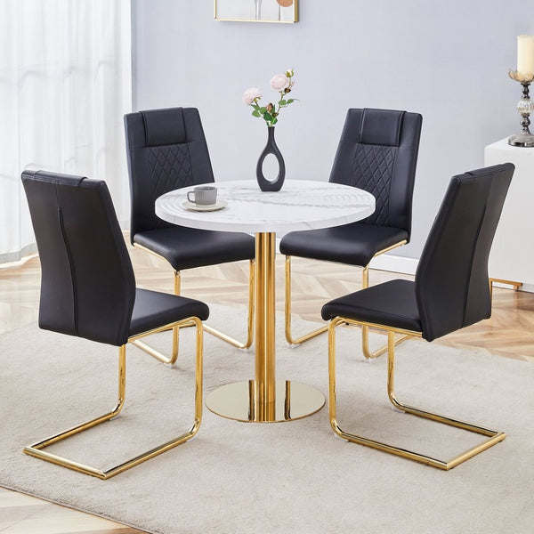 English Elm Table 31.5-Inch Round Dining Set With Elegant White Marble Top & 4 Black Pu Chairs, Gold Legs W1151S02492-GIGA