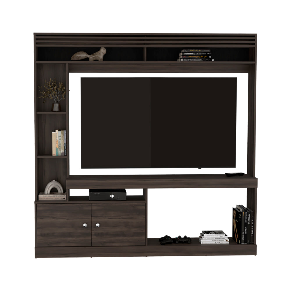 English Elm Flagler Dark Walnut Entertainment Center with Open Shelves, Closed Cabinets & Durable Engineered Wood (69) B092S00272