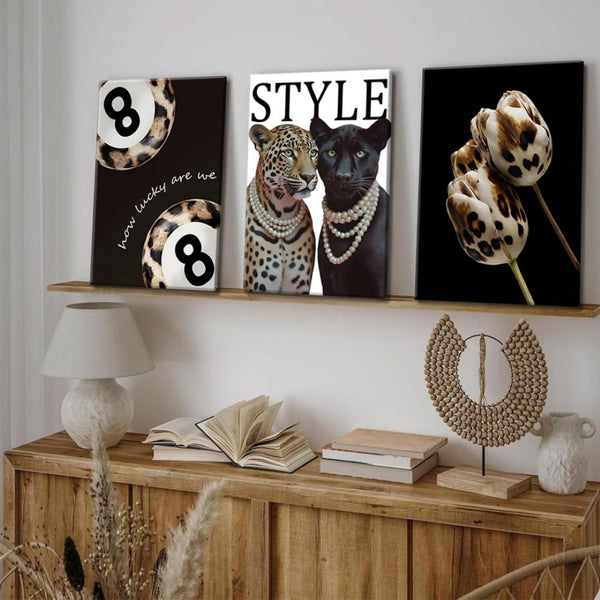 English Elm Fashion Cheetah Black White Canvas 3 Piece Wall Art Set for Bedroom or Dorm W2181P483638