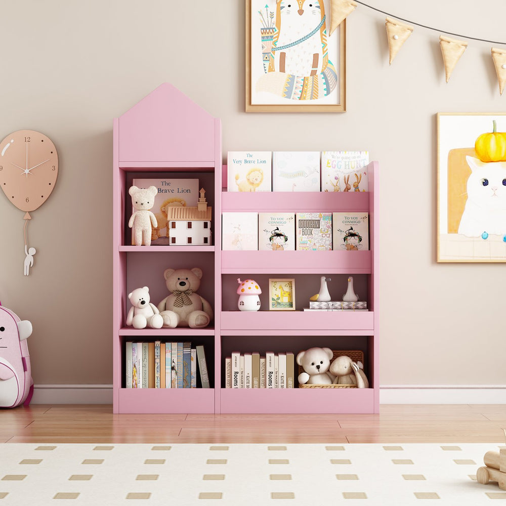 English Elm Pink Kids Wooden Bookshelf Toy Organizer with 6 Compartments, 2 Bins & Cubby Shelves - Sturdy MDF Storage for Nursery W2876P233556