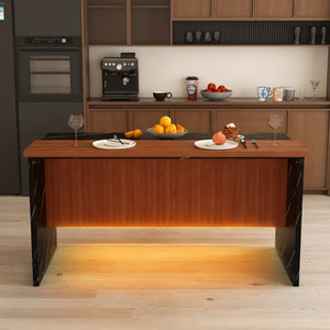 English Elm 63" Modern Kitchen Island with Black Marble-Look Surface, LED Ambient Lighting & Grille Accent Walnut+black W2699P365915