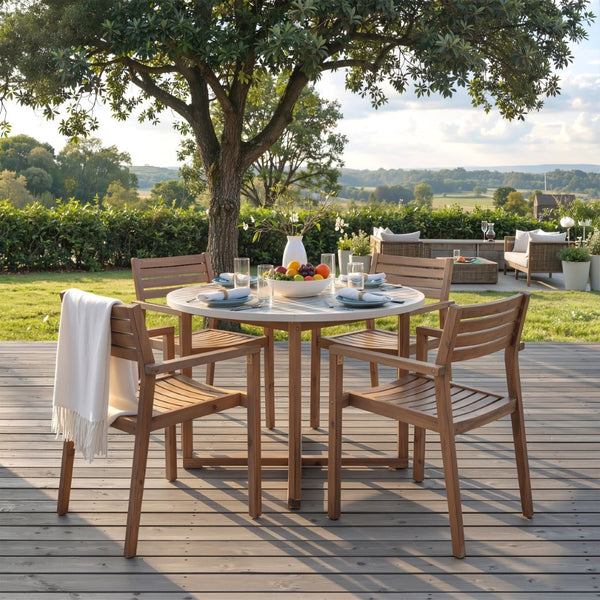 English Elm U_style Solid Acacia Wood Round Outdoor Dining Set Seats Four with Slatted Design Light Gray,Natural & Light Brown WY000475AAD