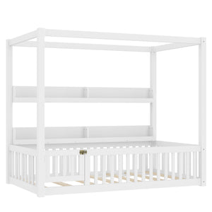 English Elm Twin House Floor Bed with Door and Full-Length Guardrails, Solid Wood Double Twin Floor Bed for Kids' Playful Rooms Light White W1580P359327