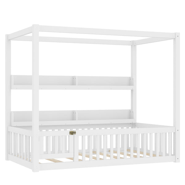 English Elm Twin House Floor Bed with Door and Full-Length Guardrails, Solid Wood Double Twin Floor Bed for Kids' Playful Rooms Light White W1580P359327