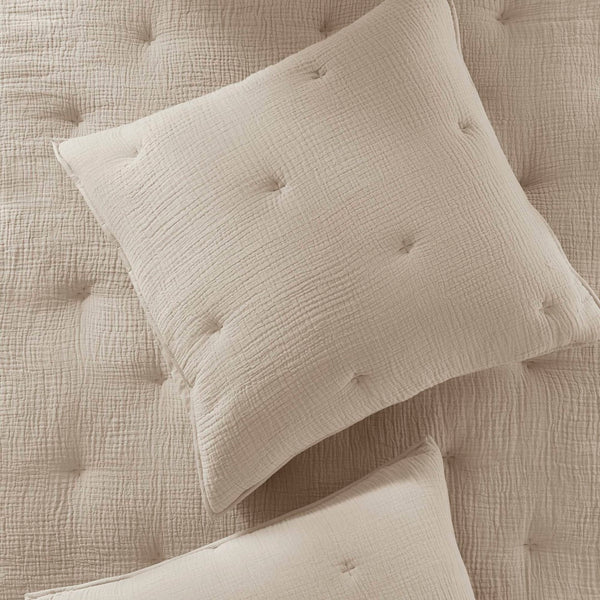 English Elm 3-piece Cotton Muslin Quilt Set with Embroidered Tacking for a Relaxed Bedroom Taupe B035P408349