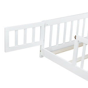 English Elm Full Size Rubberwood Floor Bed with Safety Guardrails and Latching Door for Toddlers White W504P429297