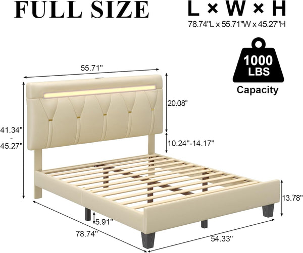 English Elm Full Upholstered Bed Frame With Led Lighting & Charging Station – Adjustable Headboard, Noise-Free Design T3825P369937