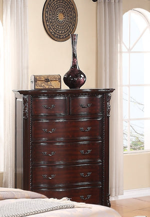 English Elm 1pc Six-Drawer Chest with Antique Brass Handles, Curved Silhouette, Dark Cherry Finish, Solid Wood, 42x20x54" B2741P366080