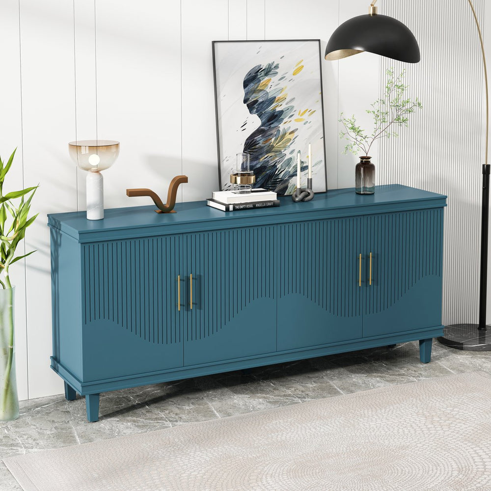 English Elm 70.07"Large Solid Wood 4-Door Cabinet for Living Room Kitchen Bedroom Corridor with 330lb Top Capacity Olive Green W757S00028