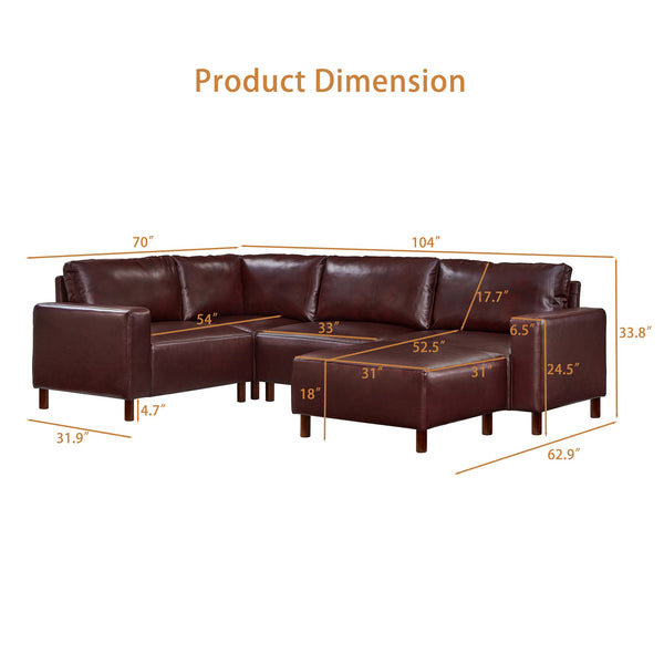 English Elm Modern Five Piece Modular Sectional with Ottoman Pu Leather Living Room Sofa Set Burgundy W1097S00268
