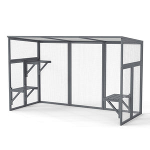 English Elm Outdoor Cedar Cat Enclosure with Polycarbonate Roof Three Platforms and Galvanized Mesh Run W2181P356206