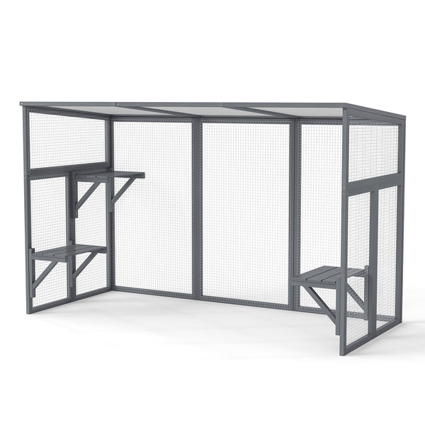 English Elm Outdoor Cedar Cat Enclosure with Polycarbonate Roof Three Platforms and Galvanized Mesh Run W2181P356206