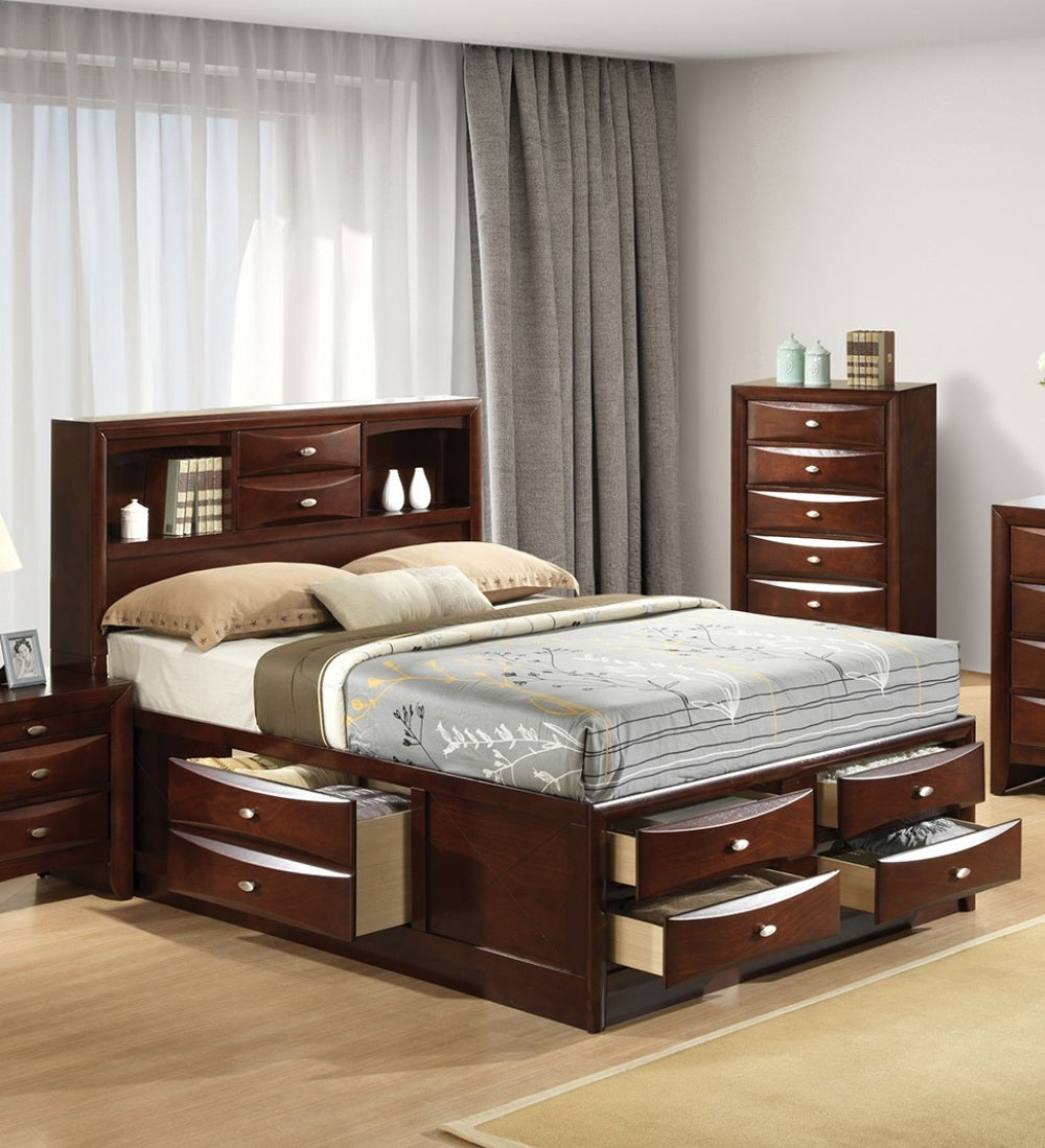 English Elm Contemporary King Size Bed With Footboard Drawers & Headboard Bookcase - Cherry Finish Elegance B2741S00561