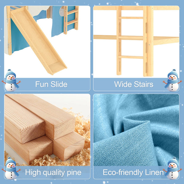 English Elm Twin Pine Loft Bed with House Frame Tent Led Lights Slide and Floor Space Below W1580S00290