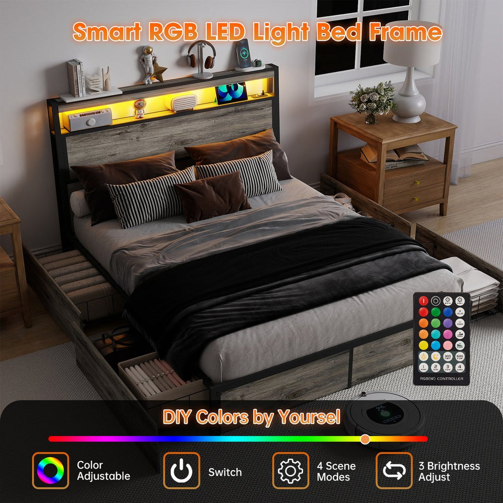 English Elm Queen Metal Platform Bed with Rgb Led Headboard Charging Station and Underbed Storage T3963P482868