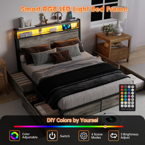 English Elm Queen Metal Platform Bed with Rgb Led Headboard Charging Station and Underbed Storage T3963P482868