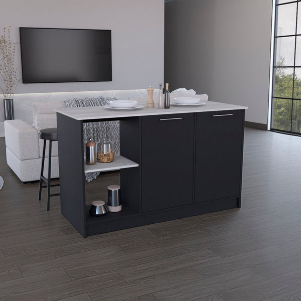 English Elm Kitchen Island With Spacious Countertop, Open Shelves & Double Door Storage - Modern Black/Onyx Design B097S00184