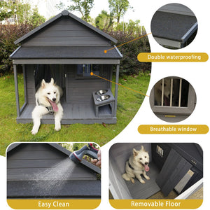 English Elm Large Breed Outdoor Doghouse Solid Fir Wood Covered Porch Weatherproof Asphalt Roof W1431S00005