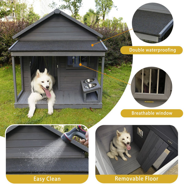 English Elm Large Breed Outdoor Doghouse Solid Fir Wood Covered Porch Weatherproof Asphalt Roof W1431S00005