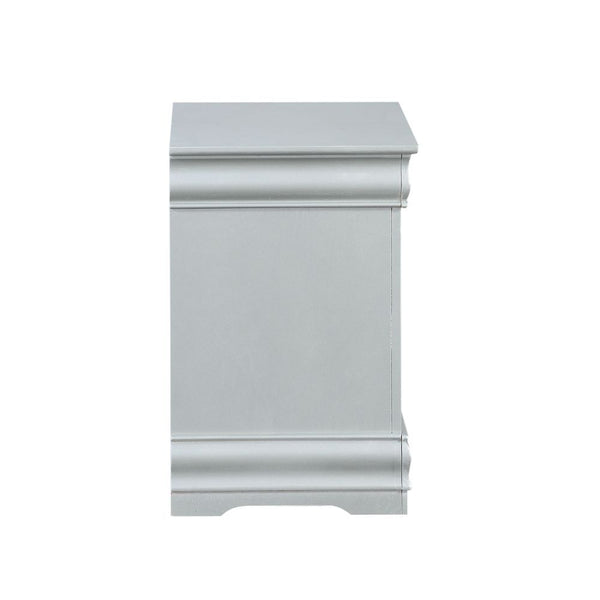 English Elm Wooden Two-Drawer Nightstand with Grooved Panels and Washed Finish — Transitional Bedroom Focal Point Silver grey B016P256195