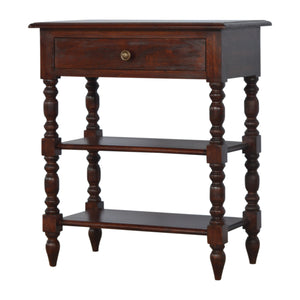 English Elm Solid Wood Turned Occasional Table with 1 Drawer & 2 Shelves, Chestnut Mango Wood, Turned Legs, Brass Knob - Stylish Narrow Hallway Storage (30.31"H) B182P233640