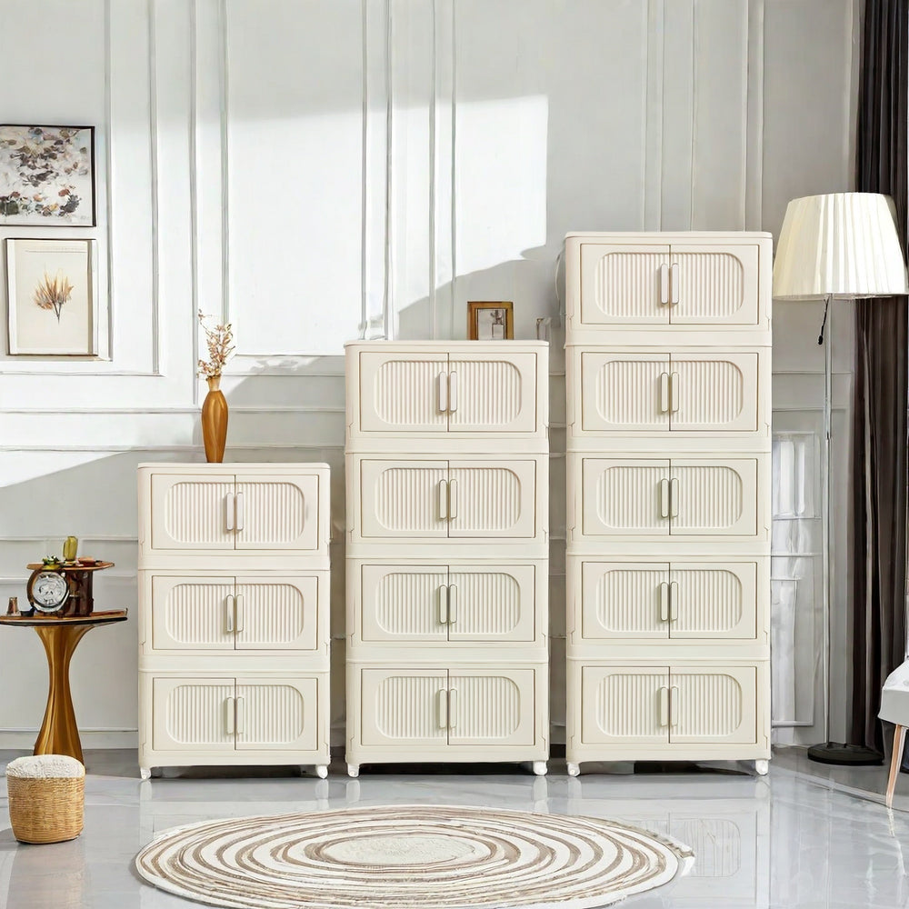English Elm Cream White 5-Tier Folding Storage Cabinet With Magnetic Door & Wheels – Versatile Space-Saving Solution W2873P239386