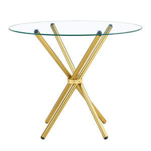 English Elm A Round Tempered Glass Dining Table with Sculptural Black Metal Legs for Modern Spaces W1151P411358