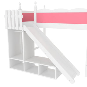 English Elm Twin Loft Bed Solid Pine Frame with Wardrobe Shelving Detachable Slide Kids Room W5305S00021