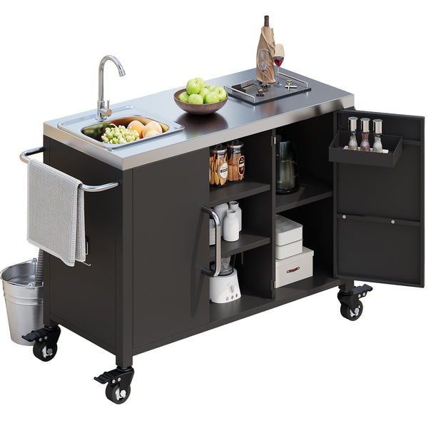 English Elm K&K Outdoor Kitchen Island with 304 Sink, Thick Stainless Top, Spice Rack, Trash Holder, Locking Wheels, BBQ Prep Station N707P270780B