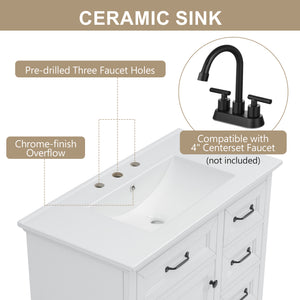 English Elm [video] 36 Inch Freestanding Bathroom Vanity Rubberwood Cabinet with Ceramic Sink Storage White N759P313315K