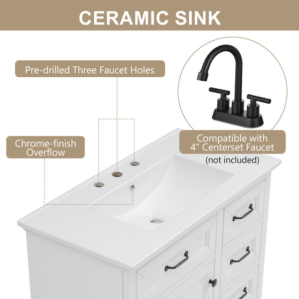 English Elm [video] 36 Inch Freestanding Bathroom Vanity Rubberwood Cabinet with Ceramic Sink Storage White N759P313315K