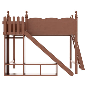 English Elm Twin Loft Bed Solid Pine Frame with Wardrobe Shelving Detachable Slide Kids Room Antique Natural W5305S00025