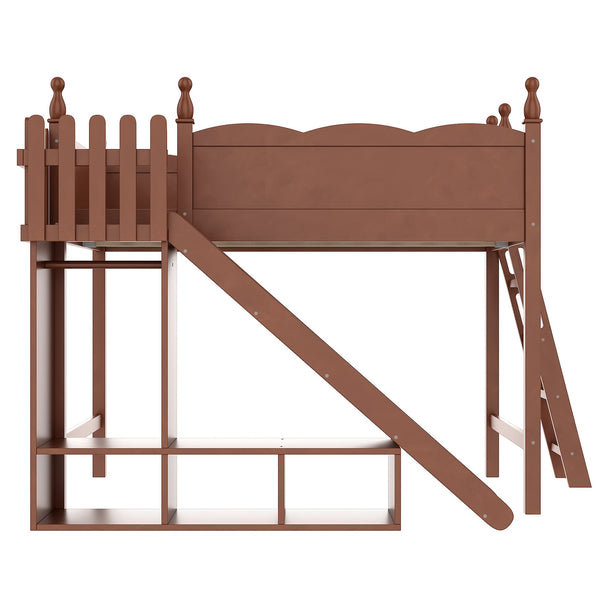 English Elm Twin Loft Bed Solid Pine Frame with Wardrobe Shelving Detachable Slide Kids Room Antique Natural W5305S00025