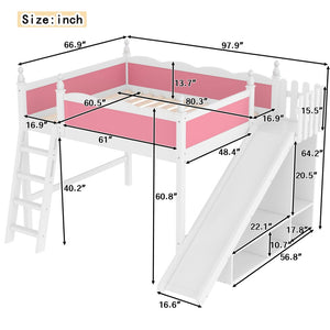 English Elm Queen Loft Bed With Fun Slide, Storage Shelves, Solid Wood Construction, Pink & White Finish, Easy Assemble W1580S00248-GIGA