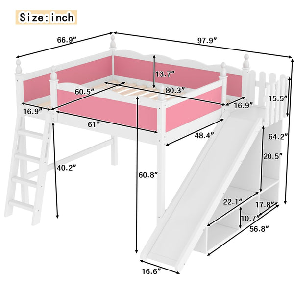English Elm Queen Loft Bed With Fun Slide, Storage Shelves, Solid Wood Construction, Pink & White Finish, Easy Assemble W1580S00248-GIGA