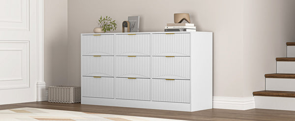 English Elm Black Nine Drawer Wide Dresser Matte Wood Chest with Wavy Relief Panels Bedroom Storage White W409P307539