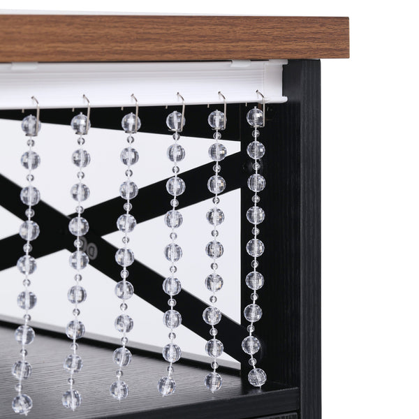 English Elm K&K 46.5'' Farmhouse Kitchen Island Cart with Beaded Drapes, Drop Leaf, Power Hub, Ample Storage Black N707P254872B