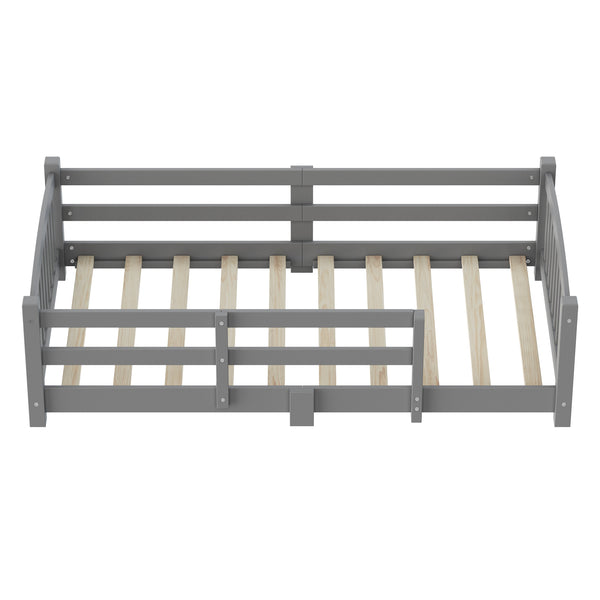English Elm Twin Montessori Floor Bed Solid Pine Frame with Safety Guardrails for Kids Bedroom Gray N733P400298E