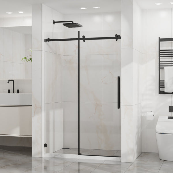 English Elm Goodyo 48" W X 72" H Modern Sliding Shower Door - Frameless Clear Glass, Easy-Clean Coating, Matte Black Hardware D163118741